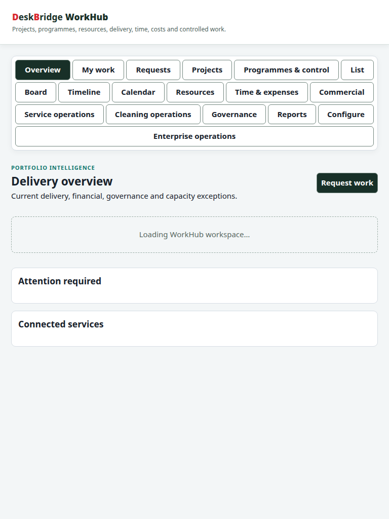 WorkHub validated release-candidate interface at Tablet 768px
